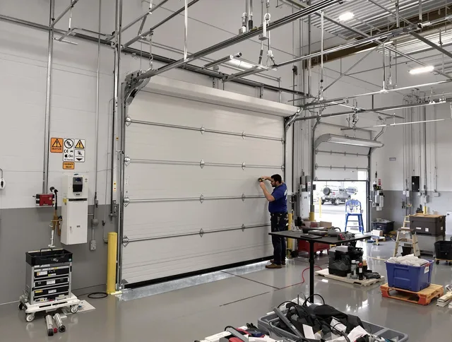 Commercial garage door repair being performed by Boca Raton Garage Door Repair expert in Boca Raton
