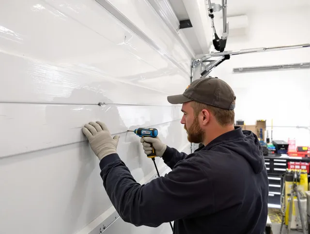 Boca Raton Garage Door Repair technician demonstrating precision dent removal techniques on a Boca Raton garage door