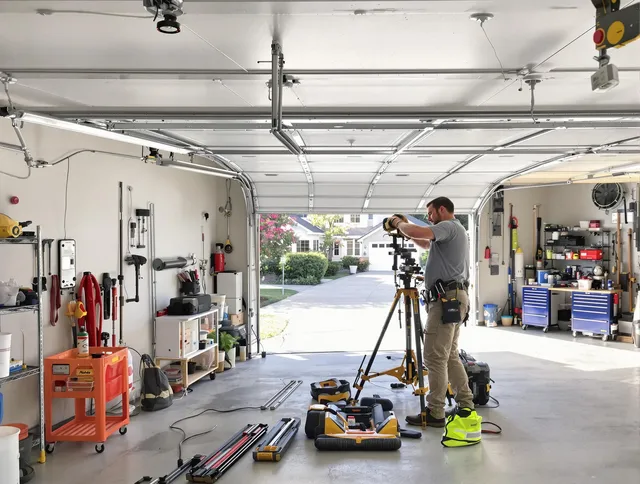 Boca Raton Garage Door Repair specialist performing laser-guided track alignment in Boca Raton